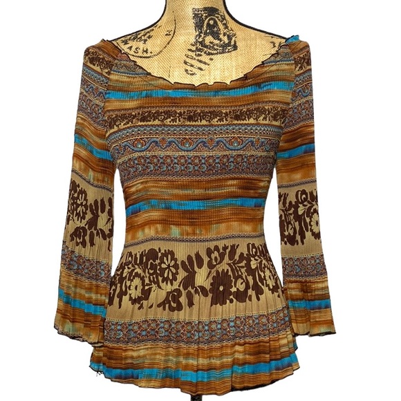 Brown Blue Floral Elastic Stretch Off the Shoulder Blouse S - Picture 1 of 9